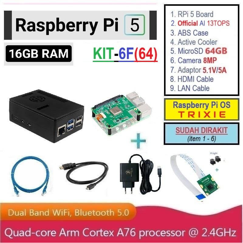 KIT-6F(64)  Raspberry Pi 5 (16GB RAM) KIT AI Camera 8MP - Complete Set SUDAH DIRAKIT